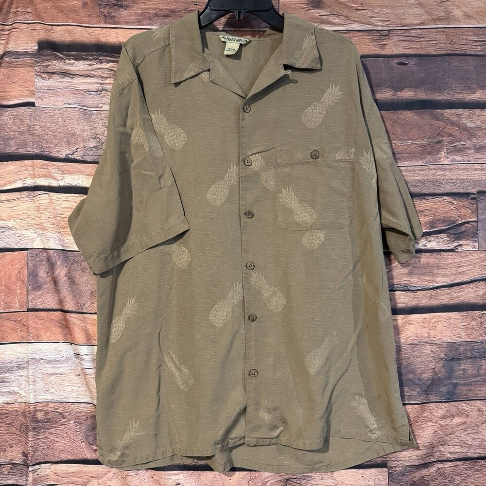 Paradise Coves Shirt Mens Large Brown 100% Silk Hawaiian Pineapple Camp